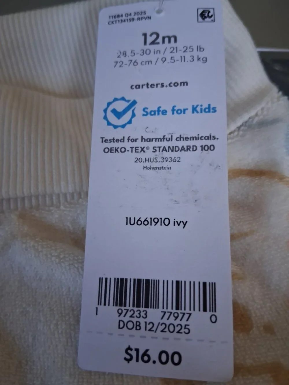 Carter's Animal Friends Terry Pants 12M
